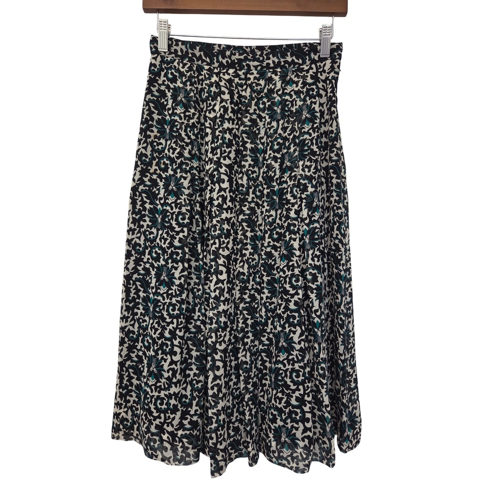 Vintage Alcott & Andrews Skirt Silk Damask Floral Midi Women 6 Black Teal